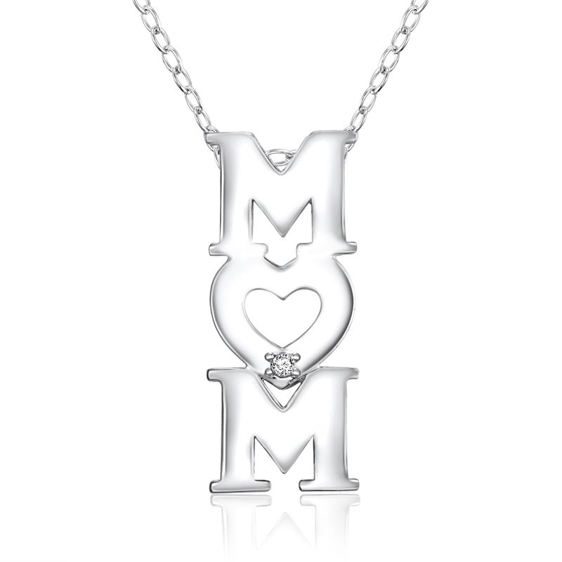 Sterling Silver Vertical 'MOM' Necklace w/Diamond accent - Click Image to Close